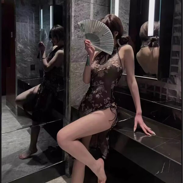 Sexy sheer cheongsam sleepwear for women featuring halter neck design and slit, perfect for plus size models. ideal for 2025 ...