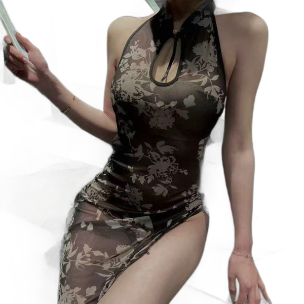 Sexy sheer cheongsam sleepwear featuring halter neck design with slit, perfect for women seeking elegant plus-size options in...