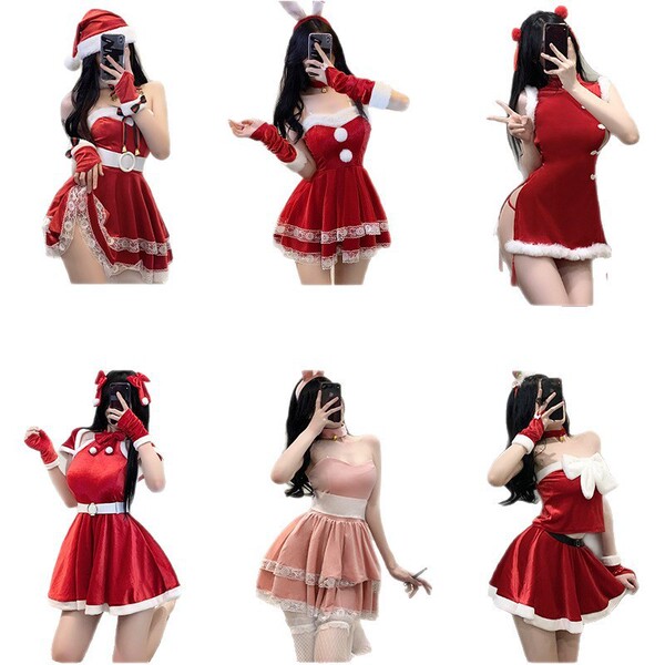 Sexy christmas costume featuring red lingerie set with festive santa hat and bunny ears, perfect for new year outfits.