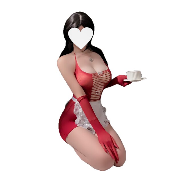 Sexy 2025 lingerie set: red sheer mesh maid-themed outfit with lift & shape design, perfect for seductive style.
