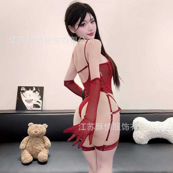 Woman modeling a red sheer lingerie set with long gloves and garter straps, inspired by the anime shy.