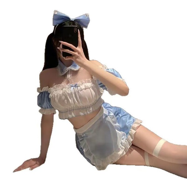 Sexy maid costume for women featuring a blue and white outfit with ruffles, perfect for sleepwear or seductive bedroom outfit...