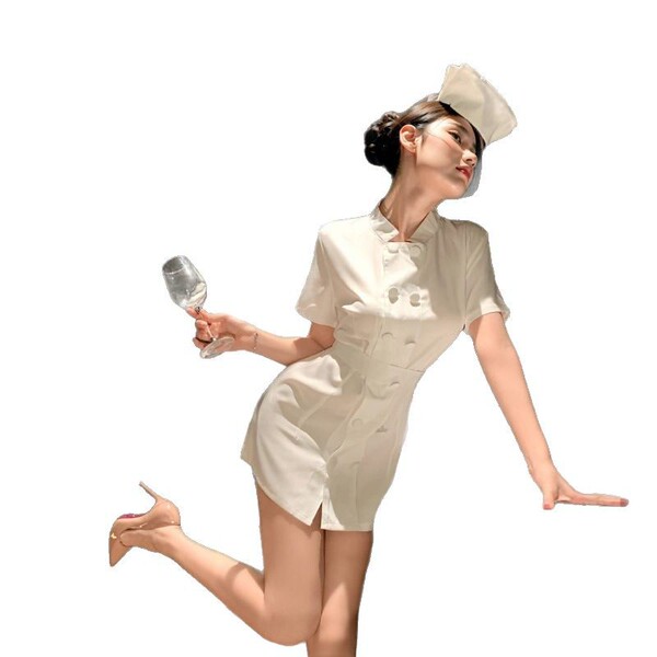 Woman in 2025 sexy nurse costume set – authentic white nurse uniform for cosplay & role play, holding wine glass, posing play...