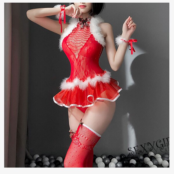 Sexy red deer-themed lingerie set featuring mesh bodysuit with plush antlers and festive cuffs.