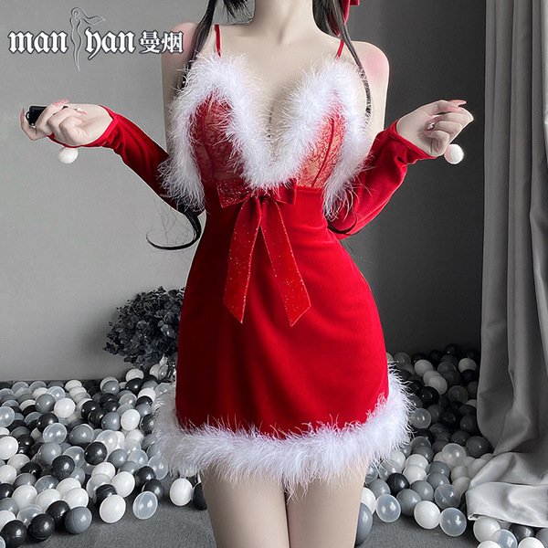 Sexy furry strap nightdress with red velvet and white feathers, perfect for womens new year outfits