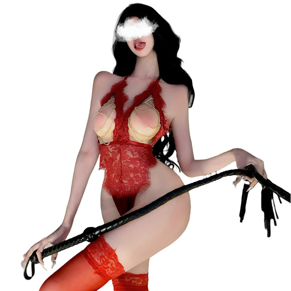 Sexy womens erotic lingerie set featuring a red lace bodysuit with chains and cutouts, paired with matching stockings and a w...