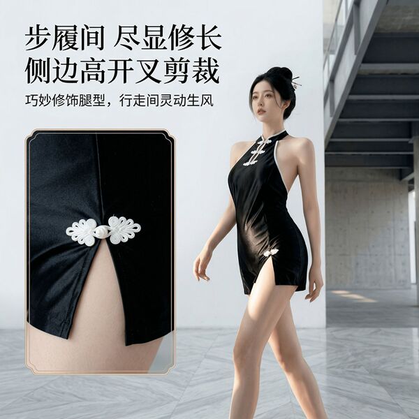Woman modeling a black 2026 chinese-inspired cheongsam dress with off-shoulder wrap skirt, frog buttons, and side slit.