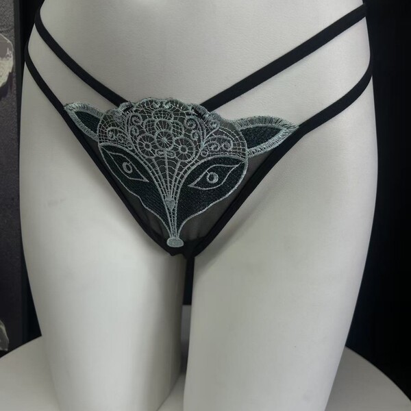 2026 fox embroidery lace mesh bikini panties featuring intricate fox design, sheer cutouts, and crisscross back detail.