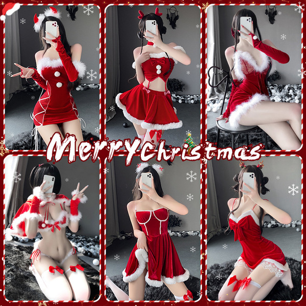Sexy christmas bunny costume set for women, featuring festive red outfits with white fur accents and playful poses, perfect f...