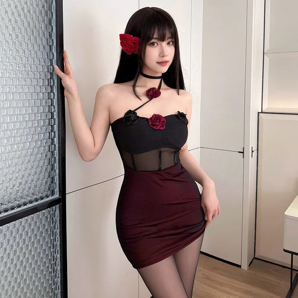 A stylish black and red sheer slip dress featuring floral accents, perfect for a bold look.