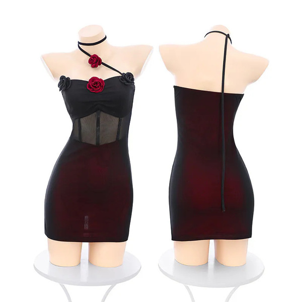 2026 plus size lingerie set featuring a sheer slip dress with red floral accents, padded straps, and bodycon fit.