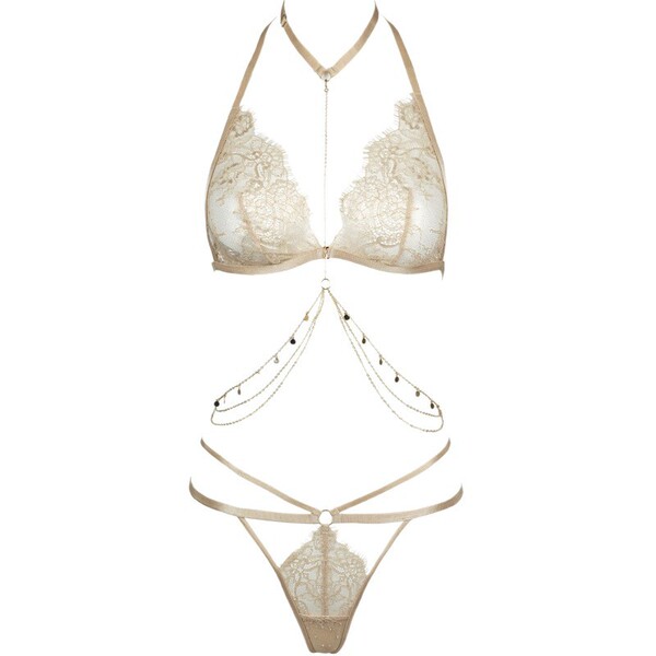 Qiaomier 2026 summer lace bikini set for women – cute girl-style sexy lingerie outfit with delicate floral lace and chain det...