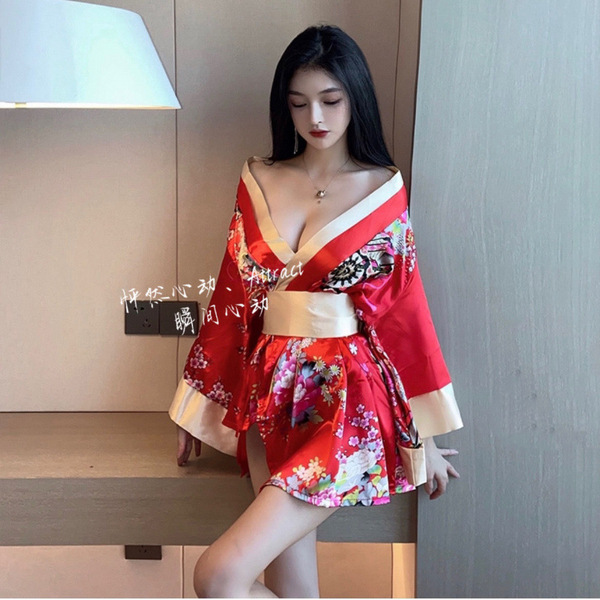 Sensual kimono-inspired deep v erotic sleepwear, modern geisha cosplay dress with intricate floral patterns and elegant desig...