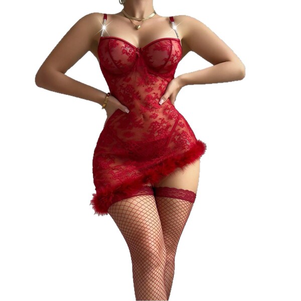 Sexy lace sheer nightgown with floral patterns, elegant design, perfect for women seeking luxurious intimate apparel.