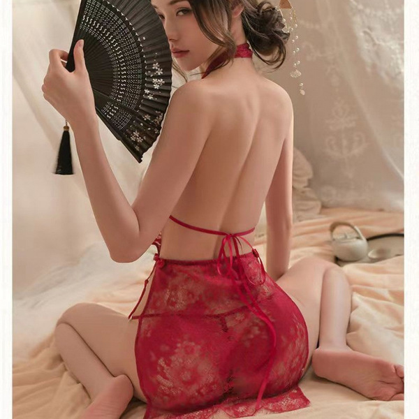 Sexy plus size lingerie set featuring lace cheongsam sleepwear with sheer mesh, high slit, and provocative design.