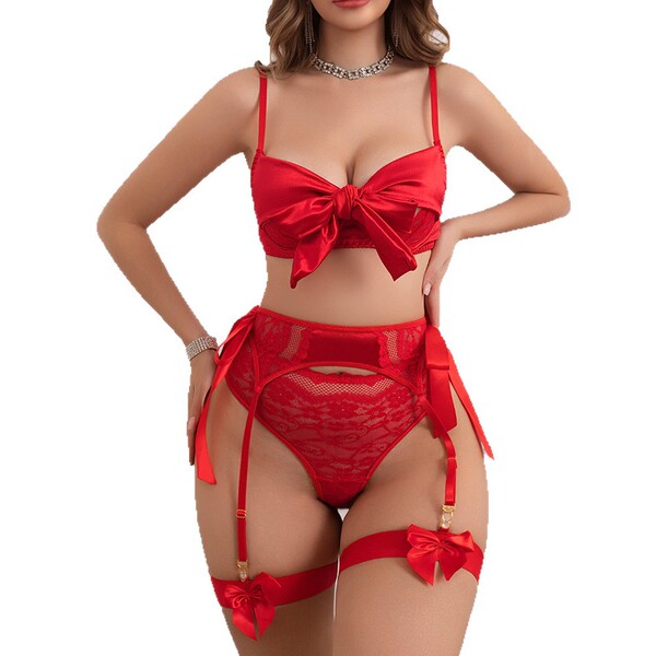 Tinghao 2026 chinese new year red lingerie set featuring sexy bow lace garter belt design, perfect for festive celebrations.