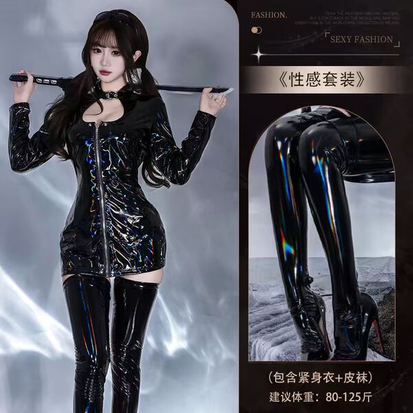 Sexy Latex-Look PU Leather Bodysuit - High-Elastic Zippered Fetish Nightclub Outfit - 2044 Iridescent Black Dress + [8088 Iridescent Socks]