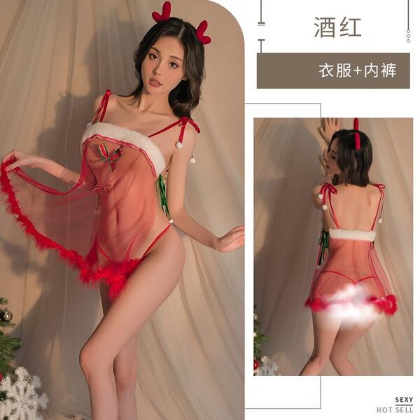 Women's Sexy Christmas Lingerie Set - Halloween Sleep Dress, Role Play Costume & Nightclub Outfit for New Year - 2053 (Nightgown + T-shirt)
