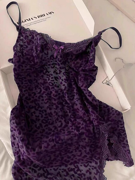 Pink Leopard Lace Sheer Chemise Set with Thong - Sexy Women's Lingerie Sleepwear - new purple