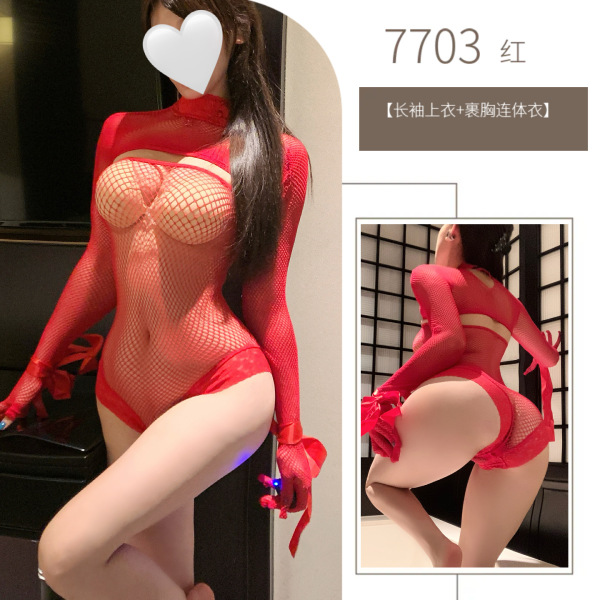 Pure & Seductive Sheer Lace Bodysuit - Open-Crotch Mesh Bodycon Set for Curvy Women, Size-Inclusive Sensual Lingerie - Red Set