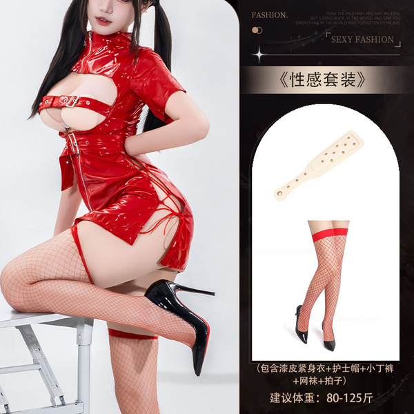 Sexy Nurse Costume Set with Open-Crotch Design - Seductive Lingerie Outfit for Role Play & Intimate Nights - Set 2108 (Red) + [W1 Red Fishnet Stockings + Hand Patter]