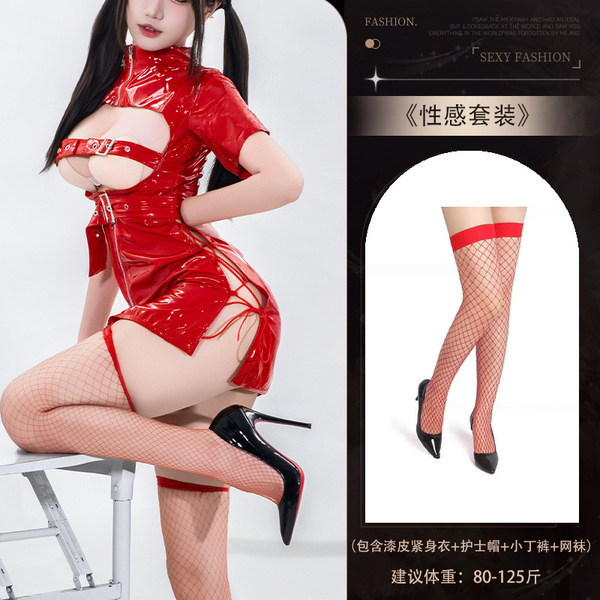Sexy Nurse Costume Set with Open-Crotch Design - Seductive Lingerie Outfit for Role Play & Intimate Nights - Set 2108 (Red) + [W1 Red Fishnet Stockings]