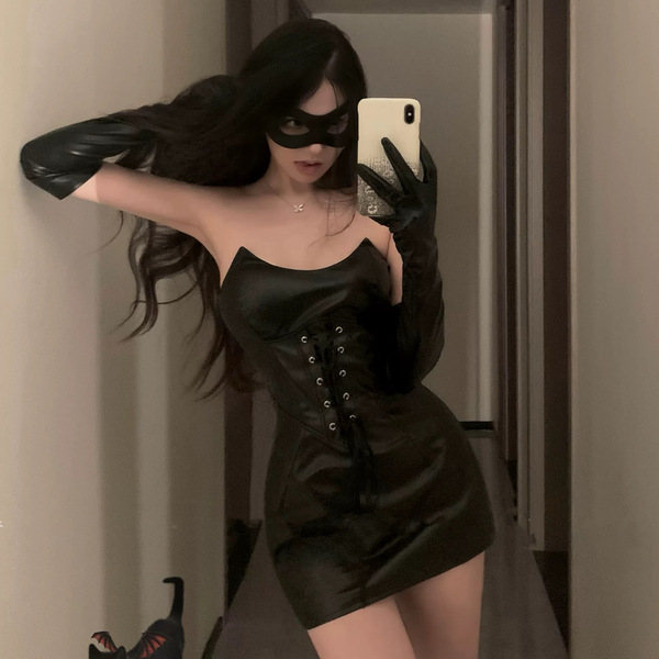 Gueiyun Sexy Catwoman Agent Costume - Dark Leather Corset Dress with Demonic Allure & Elegant Gothic Style - 2160 leather skirt