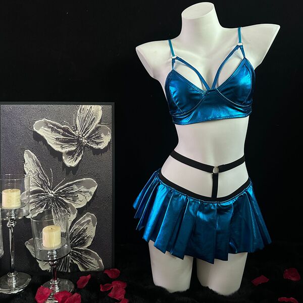 Utopia Black Patent Leather Thong Lingerie Set for Women – Sexy 3-Piece Erotic Outfit, Premium Fetish-Style Underwear - 2164 Blue