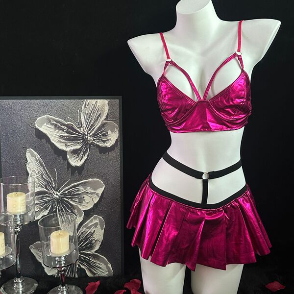 Utopia Black Patent Leather Thong Lingerie Set for Women – Sexy 3-Piece Erotic Outfit, Premium Fetish-Style Underwear - 2164 Rose Red