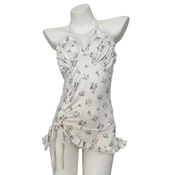 Floral lace low-cut cami and bodycon sleep dress set with sheer mesh detailing.