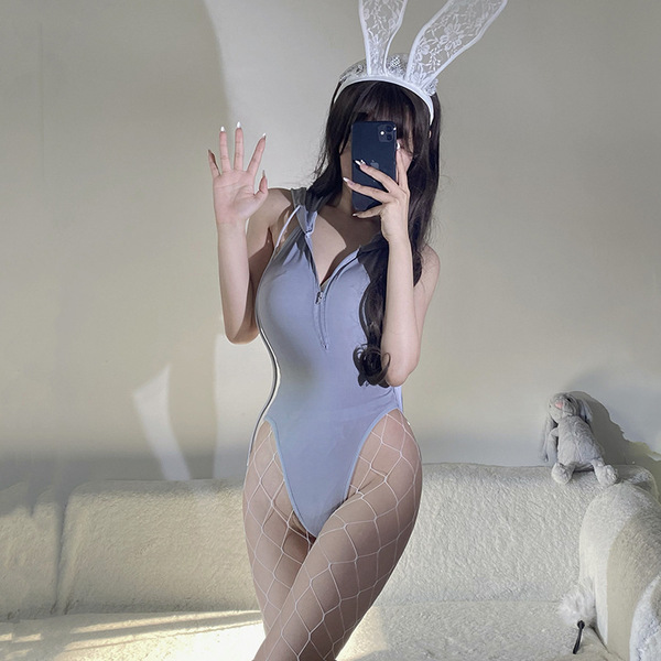 OL Teacher JK Cat Costume Set - Busty Sexy Maid & Cheongsam Lingerie Outfit for Nightclub & Role Play - 217 Bunny Girl [Headband not included] + White Fishnet Stockings