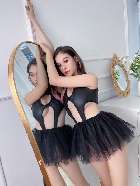 Sexy PU Leather Lace-Up Corset Dress Set – Europe and America-Style Seductive Mesh & Tulle Pleated Mini Dress Outfit - 2171 Black (Black jumpsuit + mesh tulle skirt)