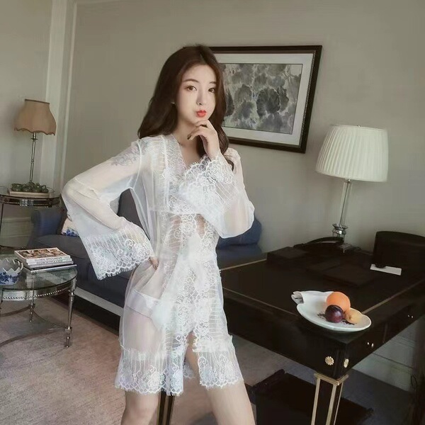 Mannyqing Lace Low-Cut Chemise Sleep Set – Ice Silk Sexy Sleepwear & Lounge Outfit for Women - 218 White