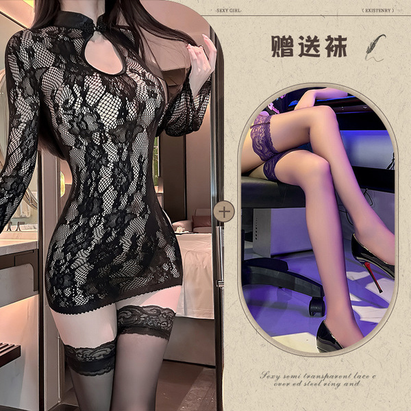 New Chinese Style Sheer Lace Cheongsam Set - Seductive Bare-Butt Erotic Lingerie for Women - Black + black stockings
