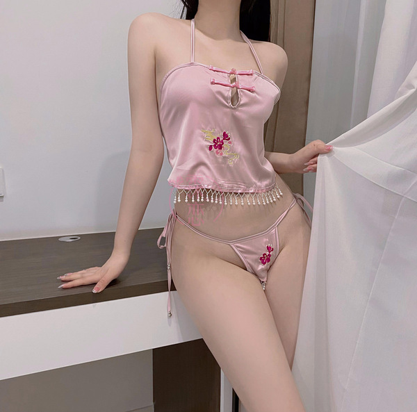 Misty Romance Chinese New Year Lingerie Set - Sheer Vintage-Inspired Bedroom Sleep Dress, No-Remove Seductive Nightwear - 2234-Pink