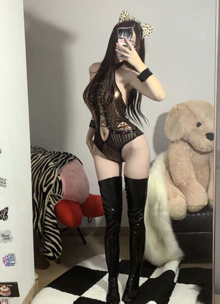 Leopard Print Cosplay Bodysuit - Sexy Lace-Up Halter Bodysuit Set for Women, Cute & Alluring Costume Outfit - 2248 [Set + 8007 Leather Stockings + Headband]