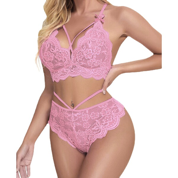Sexy Lace Bra and Panty Set - Three-Point Erotic Lingerie for Women, Plus Size Sleepwear & Intimate Apparel - pink