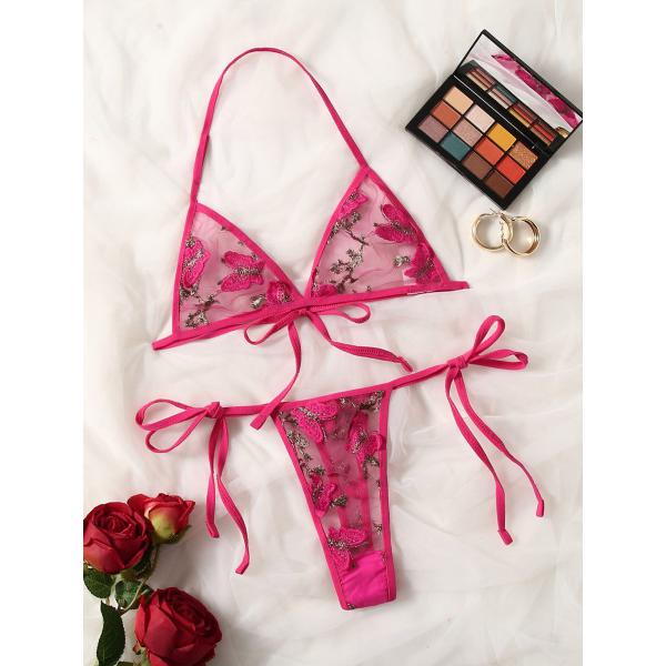 Pink lace bra and thong set with floral embroidery, elegant bridal or vacation lingerie for women.