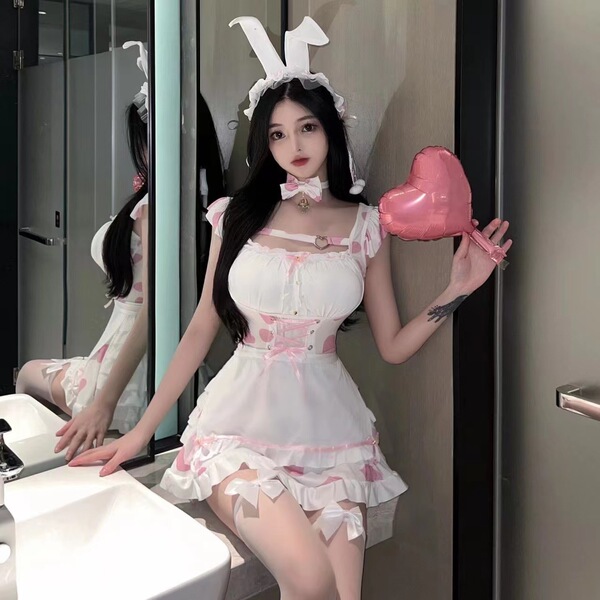 Pure & Tempting Lace Maid Costume - Office Secretary Uniform, Nurse & Nun Cosplay Outfit with Seductive Lingerie Style - 232 (Earring Necklace Dress)