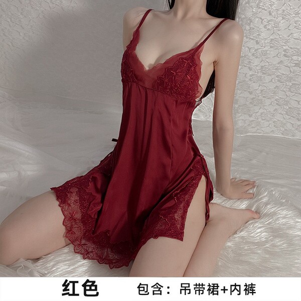 Qingran Sexy Lingerie Bodysuit with Open-Crotch Design - Student Uniform Style Air Hostess Outfit - 234 Wine Red