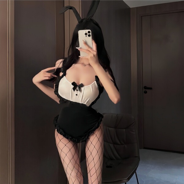Plus Size Bunny Costume Bodysuit - Sexy Tight-Fitting Role Play Outfit for Adults - black