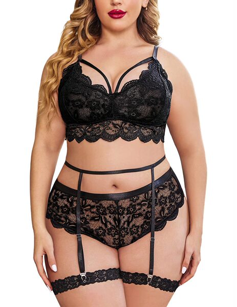 Plus Size Sexy Lace Sheer Lingerie Set - Erotic Bra & Panty Wholesale for US/EU Markets - black