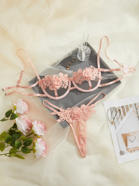 Euro-Style Lace Sexy See-Through Lingerie Set – Bold & Elegant Intimate Apparel for Women - pink