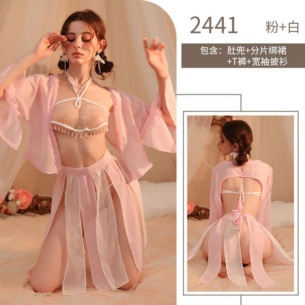 Misty Romance Chinese New Year Lingerie Set - Sheer Vintage-Inspired Bedroom Sleep Dress, No-Remove Seductive Nightwear - 2441-Pink+White