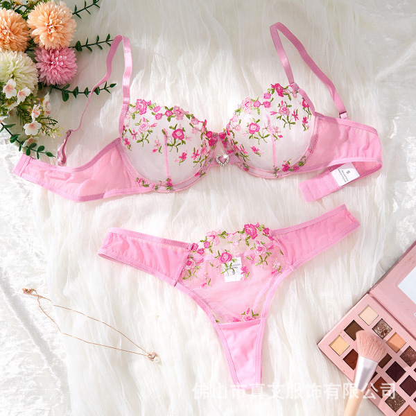 Sexy Lace Floral Embroidery Lingerie Set - Sheer Pure Temptation Bra & Panty Set for Women - pink