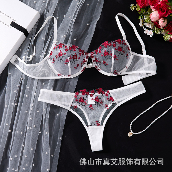 Transparent Mesh Lace Bra Set - Sexy Push-Up Lingerie Set with Embroidered Sheer Cup Design - White