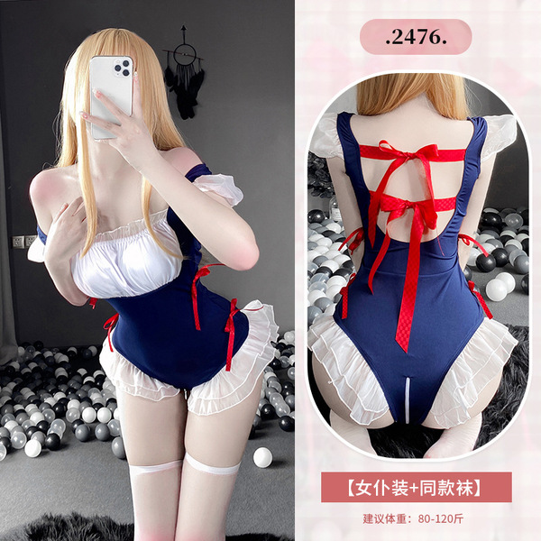 Sexy Maid Costume for Women - Cute & Alluring French Maid Outfit with Apron, Headband & Stockings Set - 2476 Blue + 3042 White