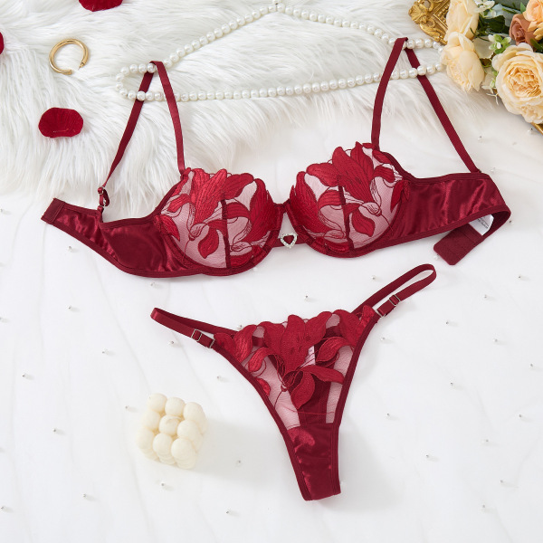 Luxury Lace Sheer Sexy Lingerie Set with Underwire Bra & Thong - Premium Imported Erotic Intimate Wear - Wine Red