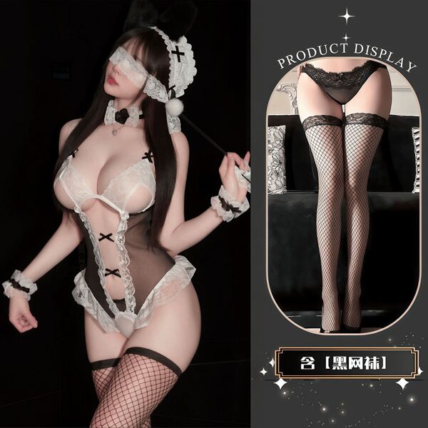 QQNY Pure Allure Sleepwear Set - Elegant Sensual Lingerie for Women, Luxury Bedroom Loungewear - Black + Black Fishnet Stockings