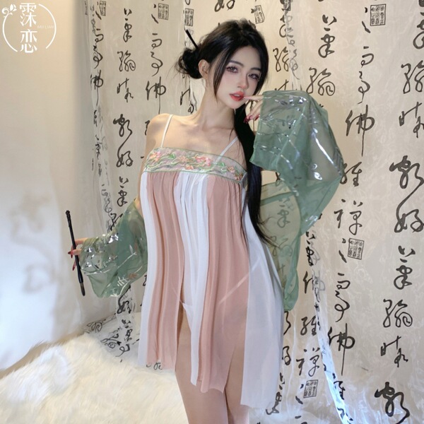 Misty Romance Chinese New Year Lingerie Set - Sheer Vintage-Inspired Bedroom Sleep Dress, No-Remove Seductive Nightwear - 2497-Rainbow Feather Robe